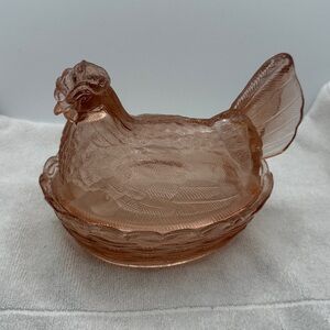 Vintage Carnival Glass Peachy Pink Hen on Nest Dish – USA Made Rare